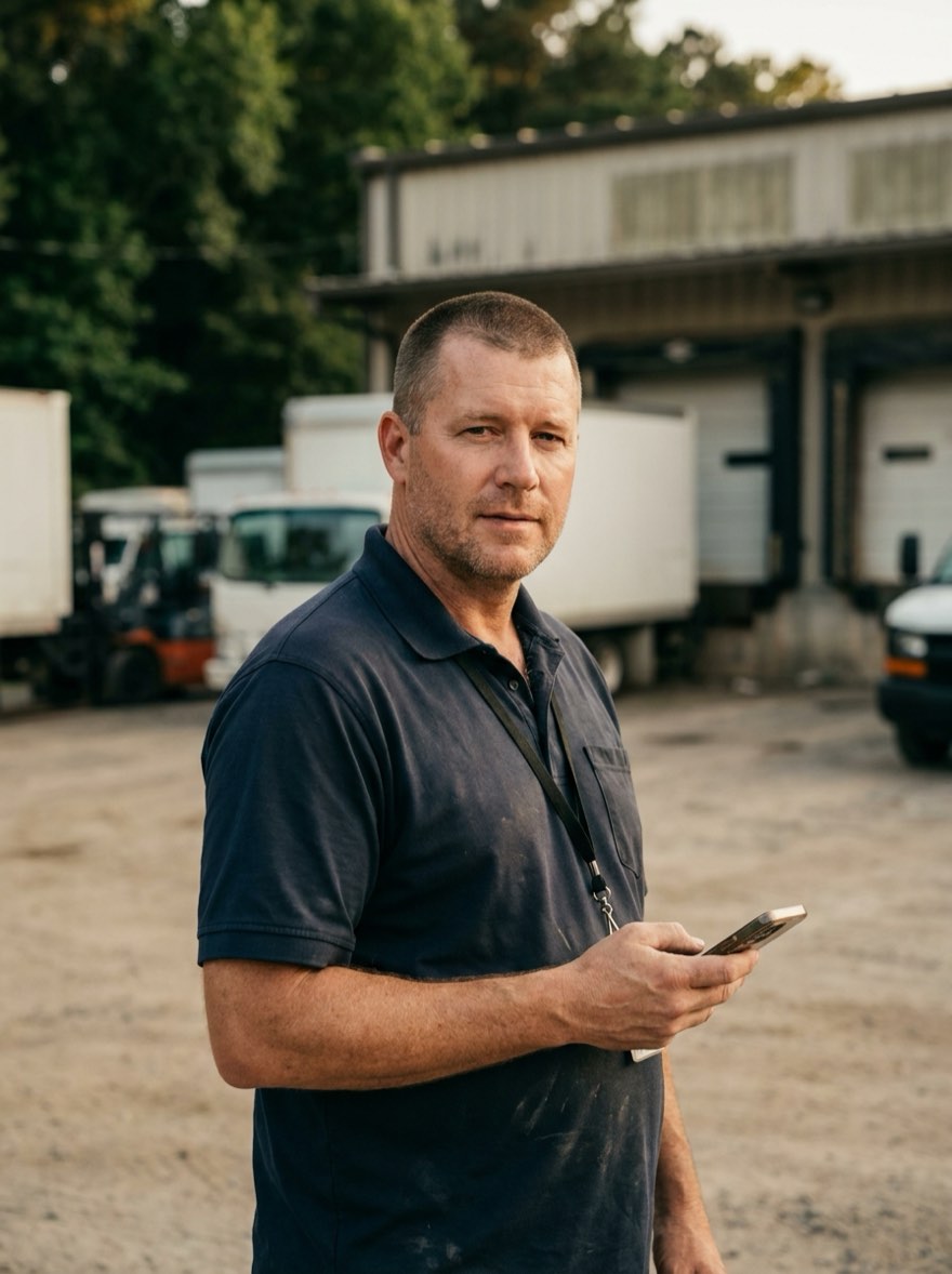 A field employee standing in a contractor’s yard, phone in hand, mid-shift.