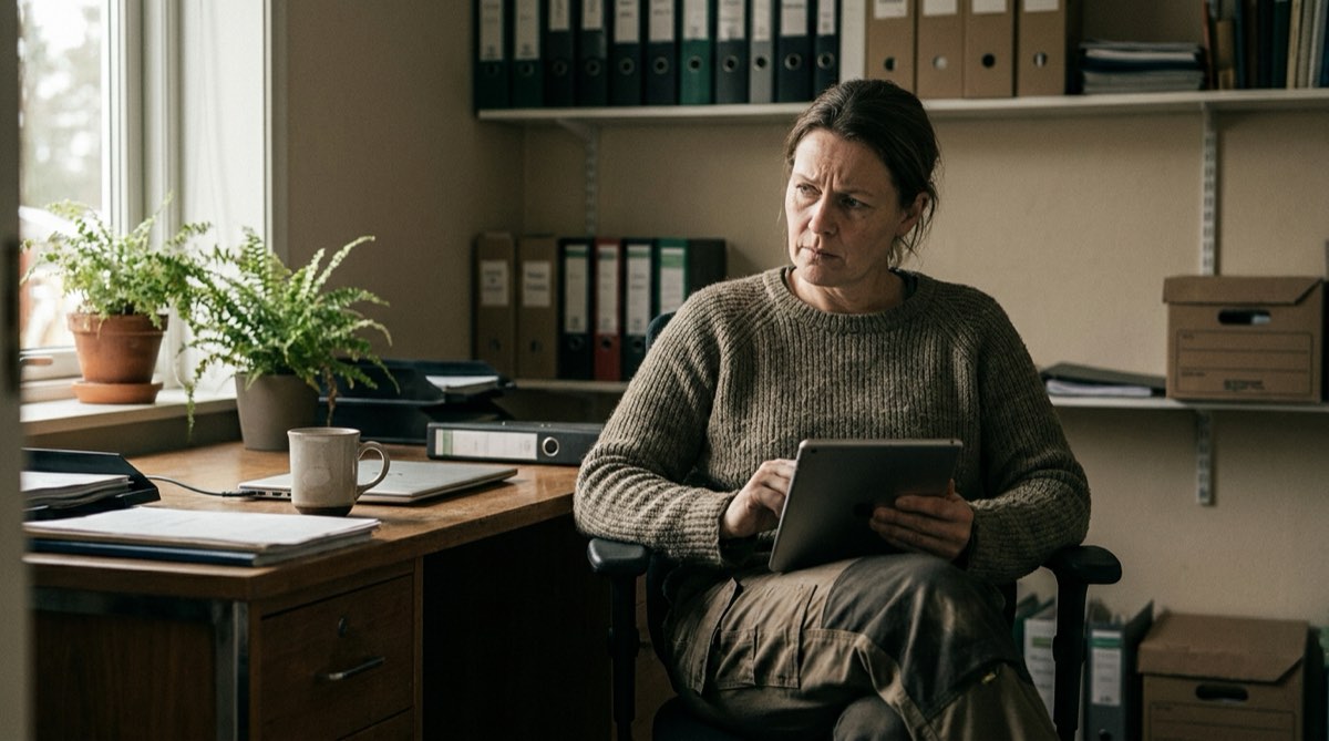 A facilities manager at her desk reading a tablet.