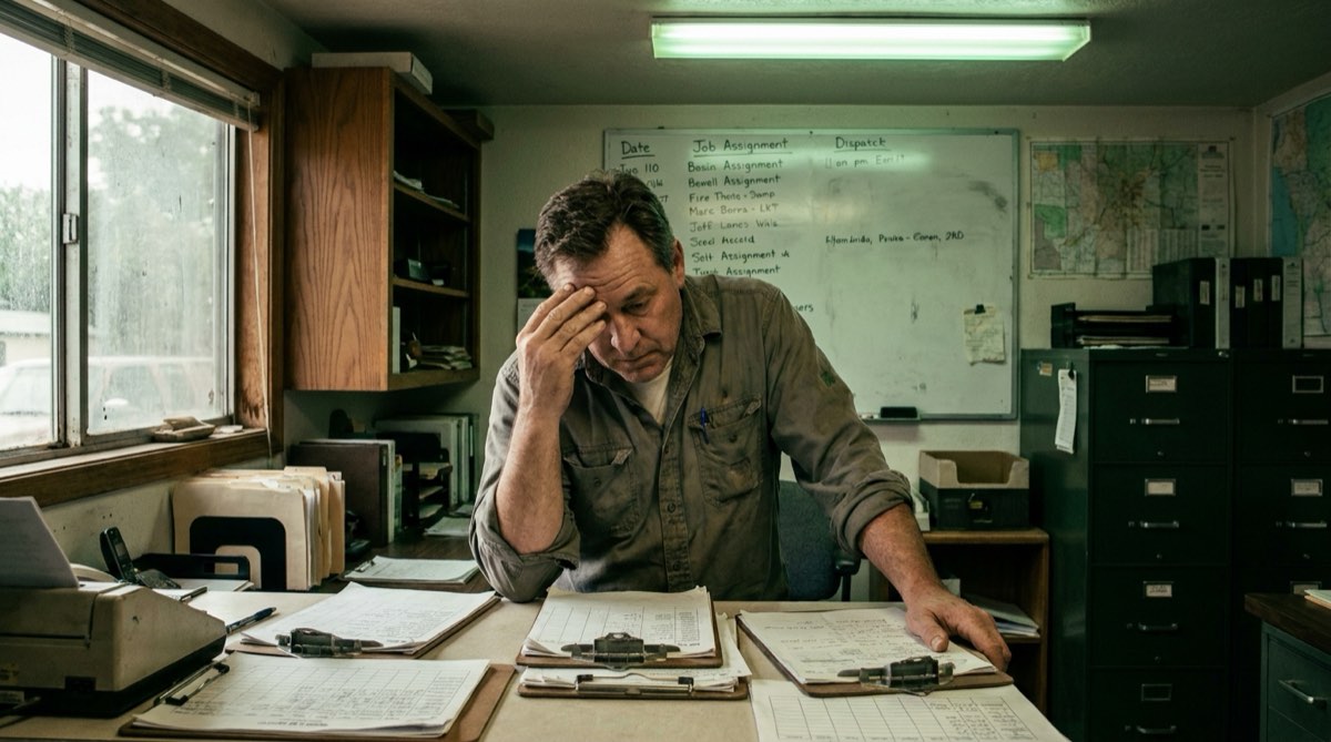 A dispatcher at a desk covered in paper timesheets, a job-assignment whiteboard behind him.