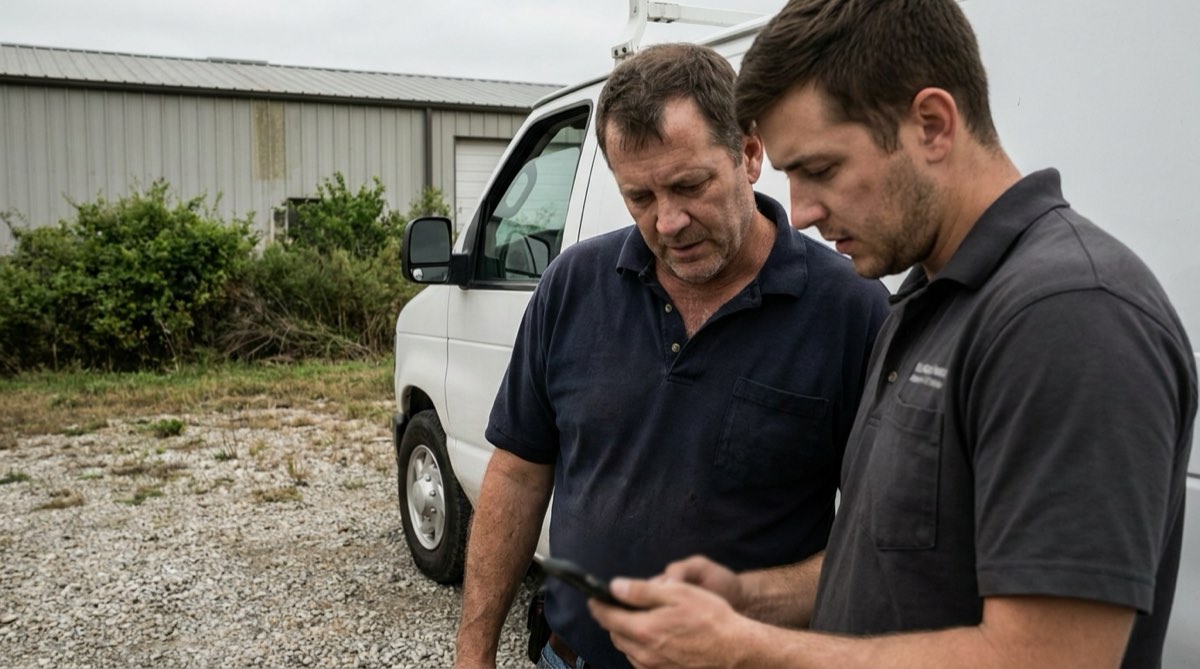 A technician and his supervisor looking at the same phone together beside a work van.